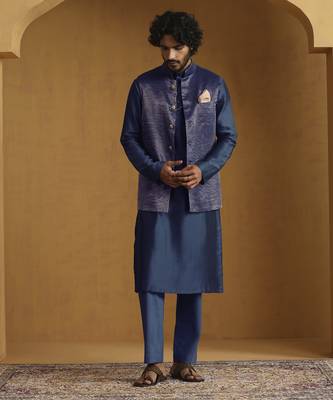 Teal blue chanderi kurta set with tissue nehru jacket set 1