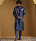 Teal blue chanderi kurta set with tissue nehru jacket set