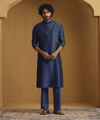 Teal blue chanderi kurta set with tissue nehru jacket set 2
