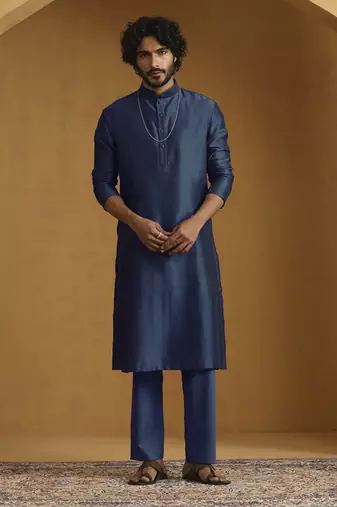 Teal blue chanderi kurta set with tissue nehru jacket set