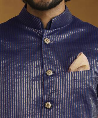 Teal blue chanderi kurta set with tissue nehru jacket set 3