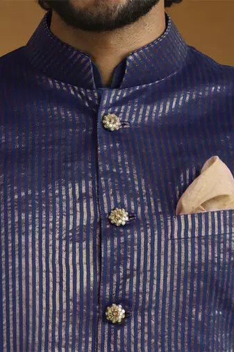 Teal blue chanderi kurta set with tissue nehru jacket set