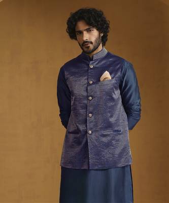 Teal blue chanderi kurta set with tissue nehru jacket set 4