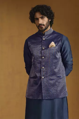 Teal blue chanderi kurta set with tissue nehru jacket set