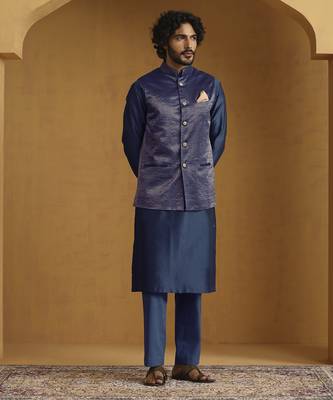 Teal blue chanderi kurta set with tissue nehru jacket set 5