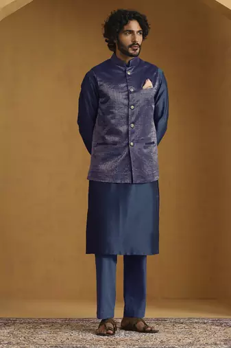 Teal blue chanderi kurta set with tissue nehru jacket set