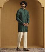 Green hand embroidered booti chiniya silk kurta set