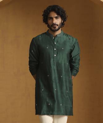 Green hand embroidered booti chiniya silk kurta set 3