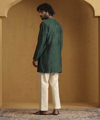 Green hand embroidered booti chiniya silk kurta set 4