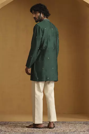 Green hand embroidered booti chiniya silk kurta set