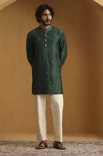 Green hand embroidered booti chiniya silk kurta set