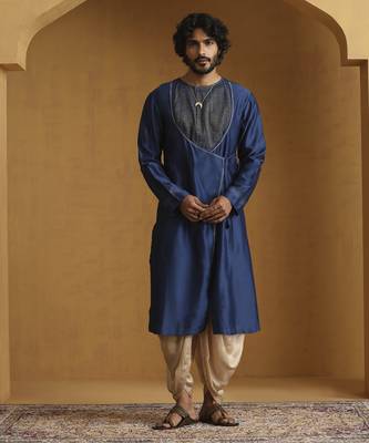 Blue angrakha kurta with tagai detailing and gold satin dhoti 1
