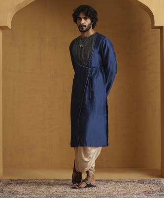 Blue angrakha kurta with tagai detailing and gold satin dhoti 2