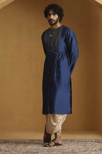 Blue angrakha kurta with tagai detailing and gold satin dhoti