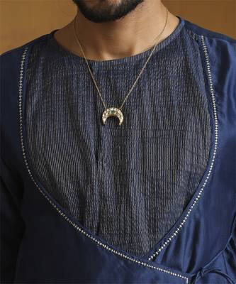Blue angrakha kurta with tagai detailing and gold satin dhoti 3
