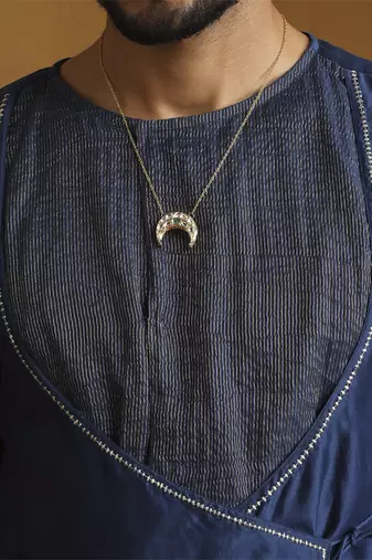 Blue angrakha kurta with tagai detailing and gold satin dhoti