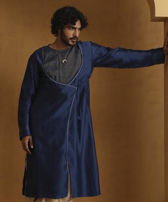 Blue angrakha kurta with tagai detailing and gold satin dhoti 4