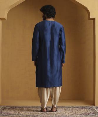 Blue angrakha kurta with tagai detailing and gold satin dhoti 5