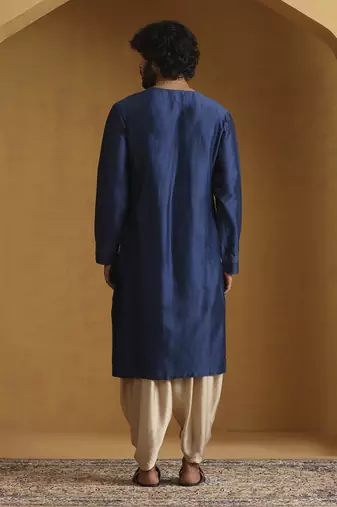 Blue angrakha kurta with tagai detailing and gold satin dhoti