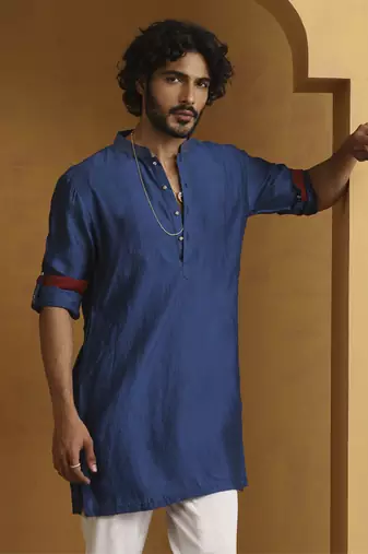 Blue hand embroidered chanderi kurta set