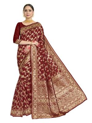 Maroon woven art silk saree with blouse 1