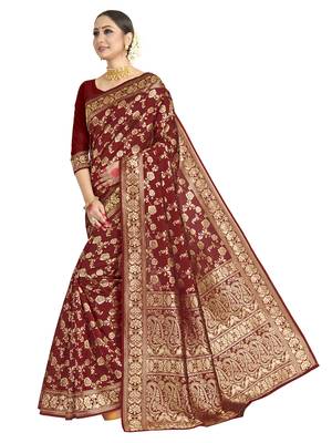 Maroon woven art silk saree with blouse 4
