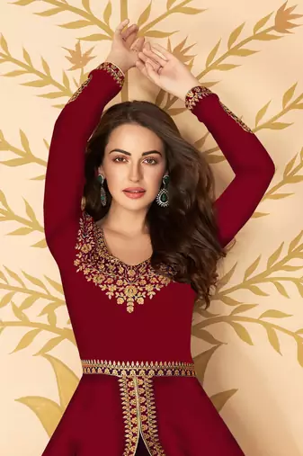 Maroon embroidery zari and dimond georgette anarkali pant- (size upto 42")