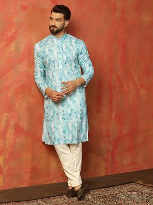 Men sky blue digital print kurta trouser set 1