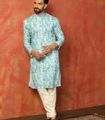 Men sky blue digital print kurta trouser set