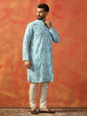 Men sky blue digital print kurta trouser set 2