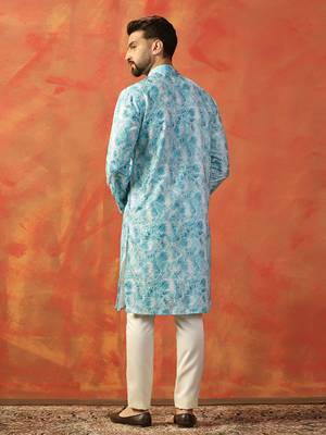 Men sky blue digital print kurta trouser set 4