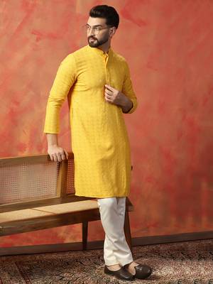 Men yellow sequence kurta pyjama set 1