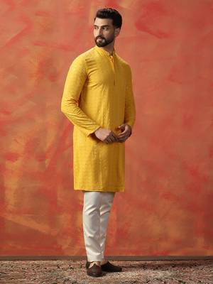 Men yellow sequence kurta pyjama set 2