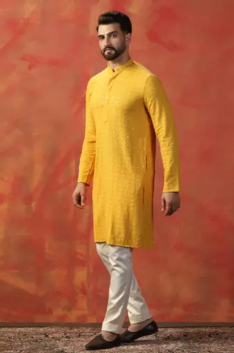 Men yellow sequence kurta pyjama set
