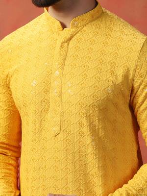 Men yellow sequence kurta pyjama set 5