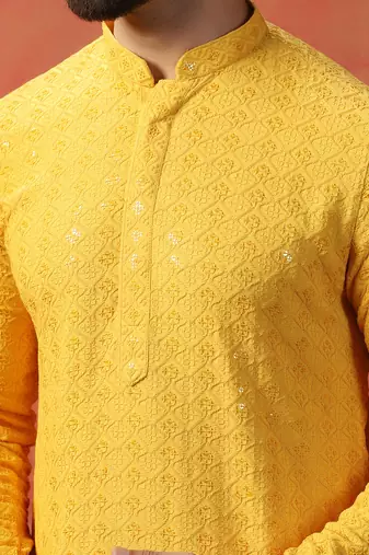 Men yellow sequence kurta pyjama set