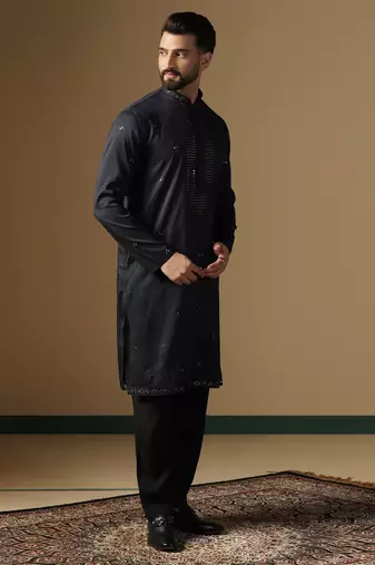 Men black neck work embroidery kurta pyjama set