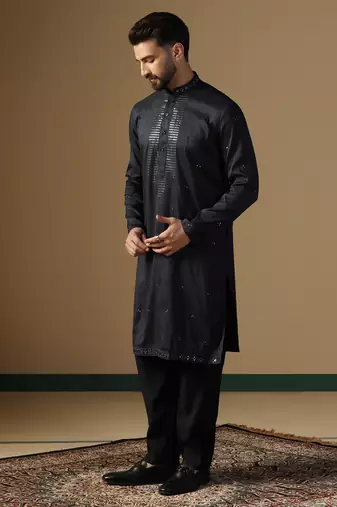 Men black neck work embroidery kurta pyjama set
