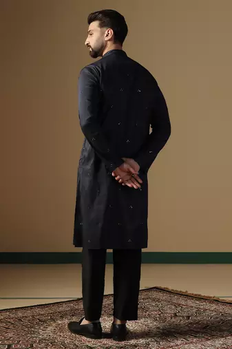 Men black neck work embroidery kurta pyjama set
