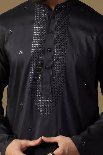Men black neck work embroidery kurta pyjama set