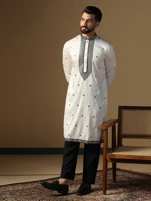 Men white embroidery kurta pyjama set 1
