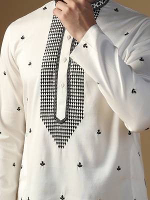 Men white embroidery kurta pyjama set 5