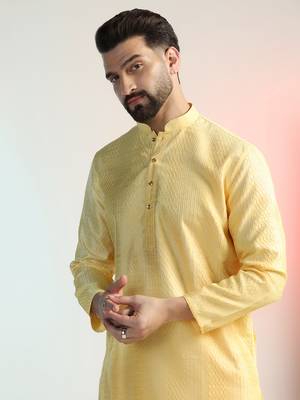 Men yellow embroidery kurta pyjama set 5