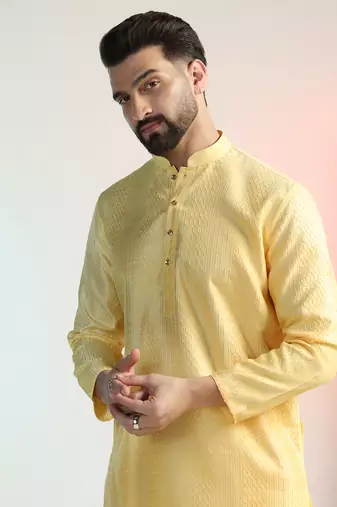 Men yellow embroidery kurta pyjama set