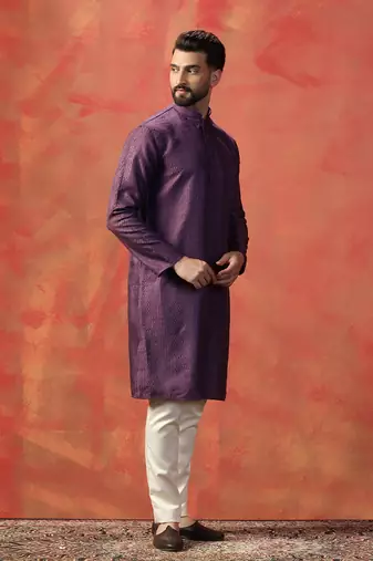 Men purple bangalore silk embroidery kurta pyjama set