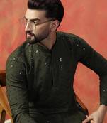 Men olive sequence kurta trouser set
