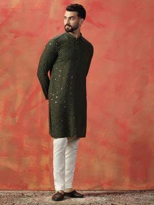 Men olive sequence kurta pyjama set 1