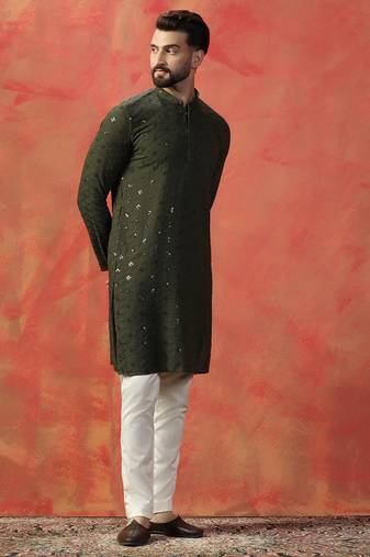 Men olive sequence kurta pyjama set