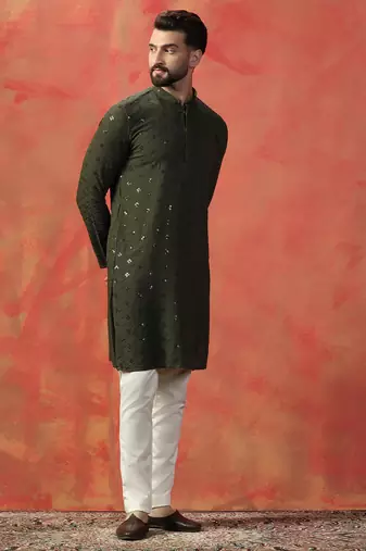 Men olive sequence kurta pyjama set