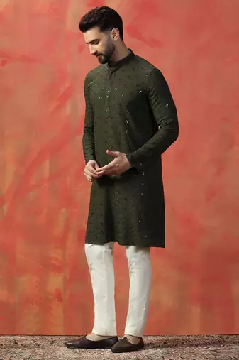 Men olive sequence kurta pyjama set